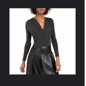 Kit & Sky Black Silver Glitter Sparkle Bodysuit XS Long Sleeve Plunge V Neck